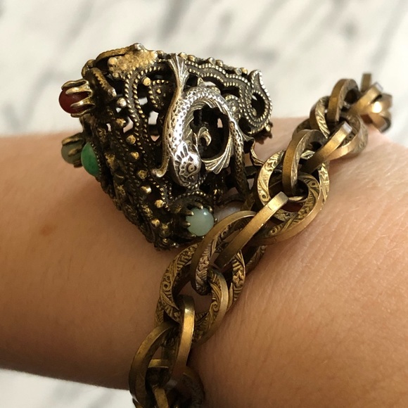 Vintage Semi-Precious Stone Serpent Charm Bracelet - Picture 8 of 9